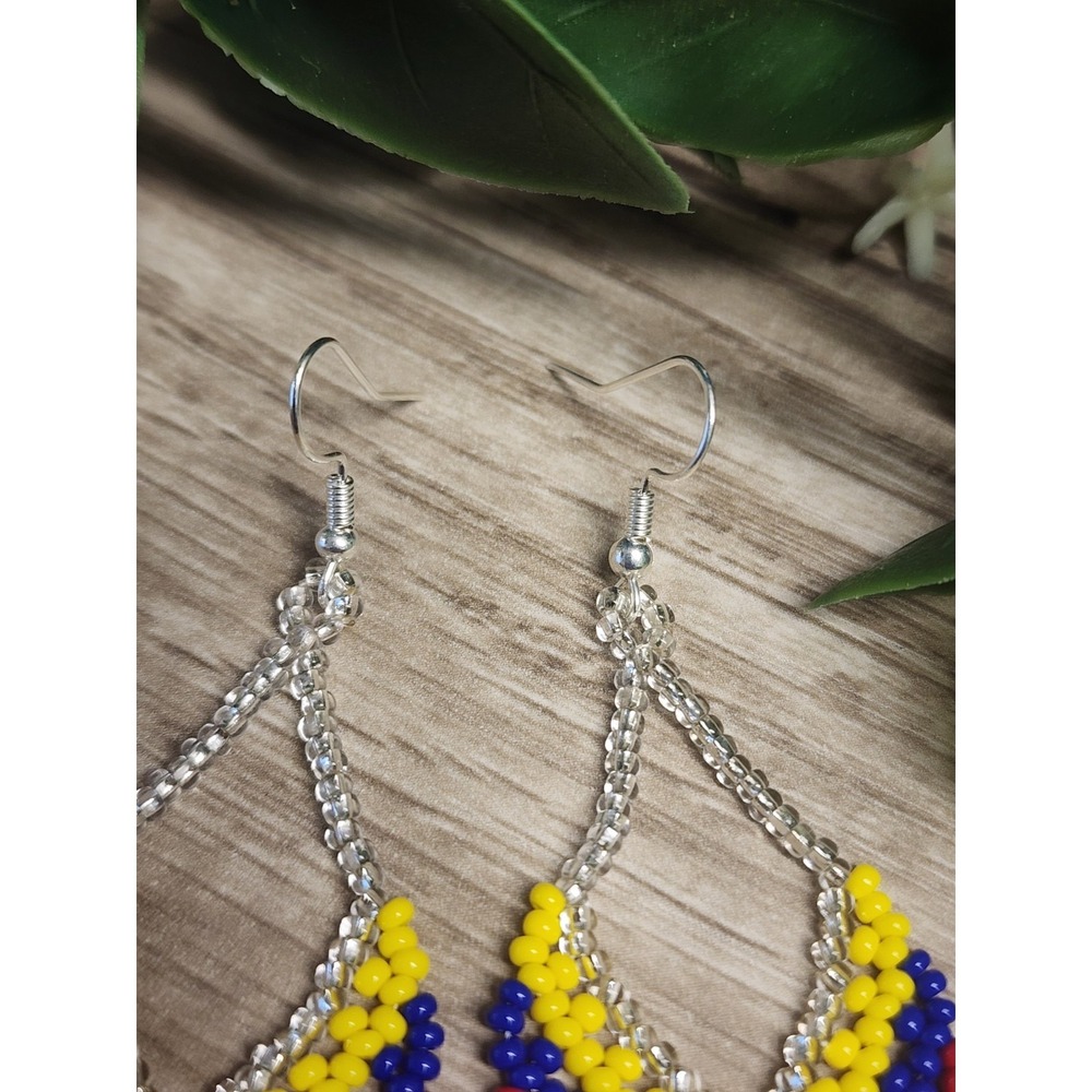 Handmade Seed Bead Earrings Colombia Flag Colors Boho Dangle Teardrop Jewelry - Picture 4 of 5